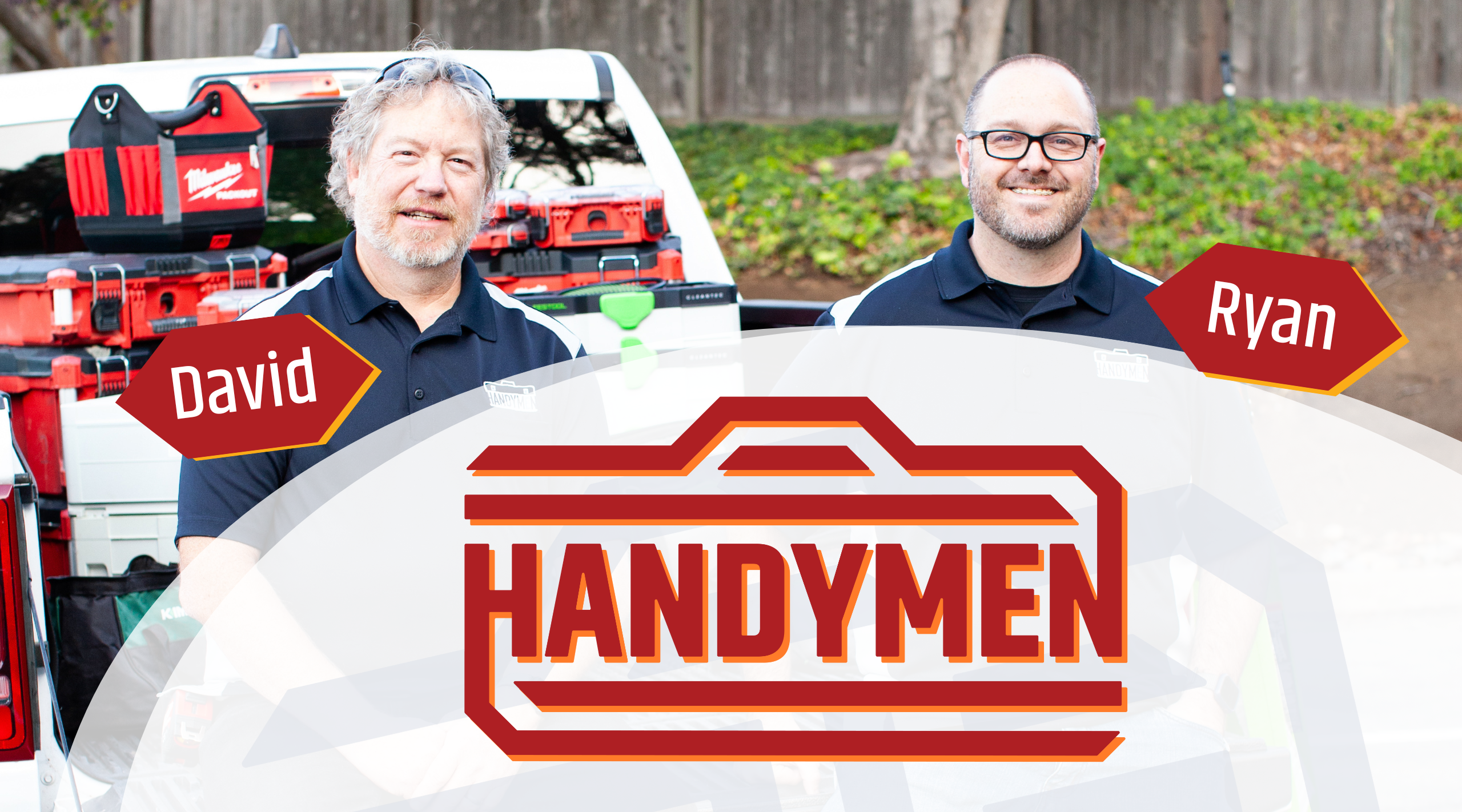 A photo of the Handymen parters standing side by side and featuring the Handymen logo.